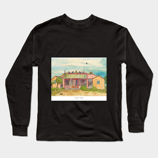 Buddhist Temple Phan Thiet Vietnam Watercolor Illustration Long Sleeve T-Shirt by Wall-Art-Sketch